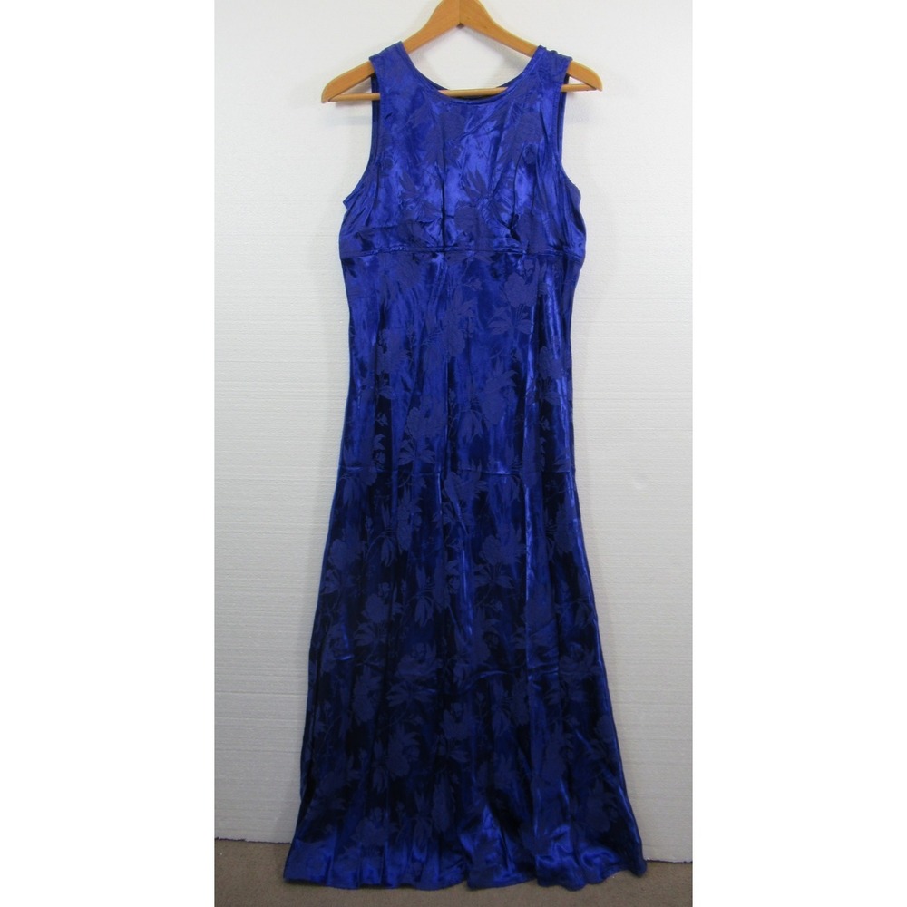 Vtg 90s All That Jazz Satin Brocade Slip Dress Junior 13/14 Blue Sleeveless